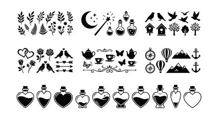 Fototapeta premium Black Silhouette Collection Of Botanical Elements Celestial Bodies And Nautical Symbols