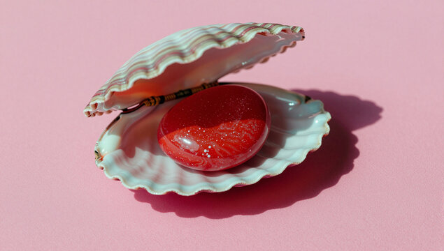 Red pearl in a seashell on a pink background.