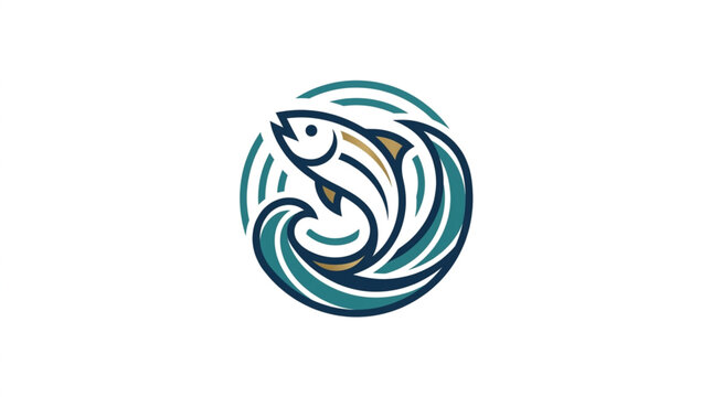 Stylized fish jumping through waves in a circular design.