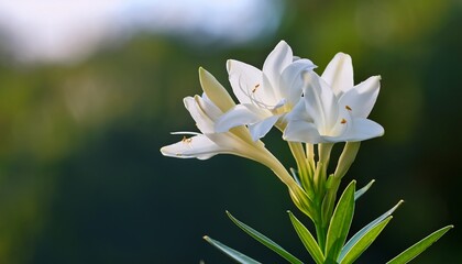 Fototapeta premium A Single Stem Of White Richly Blooming Tuberose Blossoms Against Blurred Backdrop