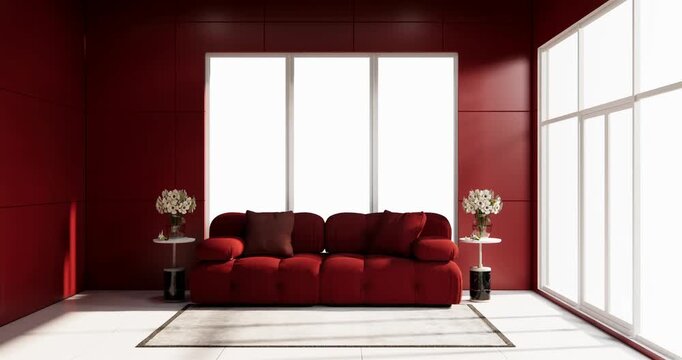 Red Living room with red wall and modern sofa on tiles floor.3D rendering