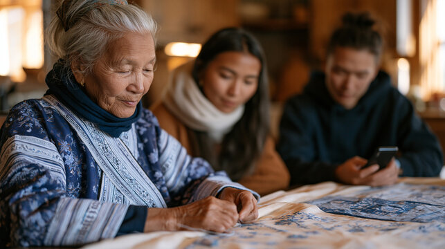 Hmong diaspora family in Minnesota gathered around a kitchen table during autumn, grandmother stitching traditional paj ntaub story cloth panels while younger relatives record her