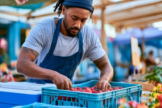 Farmers market vendor restocking fresh berries into crate at outdoor stall