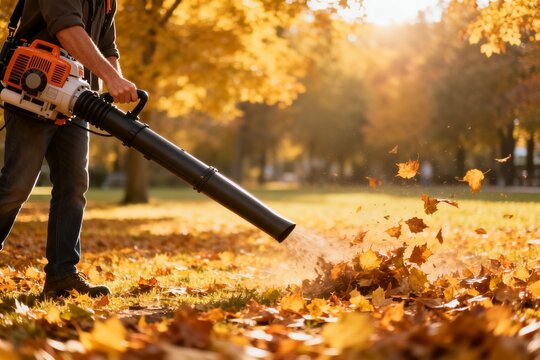 Person using leaf blower in autumn park