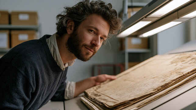 National archives technician positions a water-damaged nineteenth century census ledger on a flatbed scanner cradle, adjusting alignment under overhead lights in a