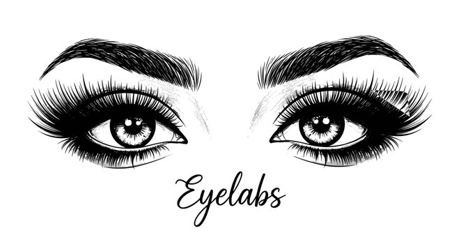 Professional Eyelabs logo design featuring female eyes with thick eyelashes and shaped eyebrows vector illustration for beauty salon makeup artists.
