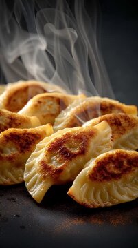 Pan fried dumpling, steamed dumpling, golden crust hot food, savory meal, browned Asian appetizer, stuffed dumpling, black plate close up, savory snack, black background, Asian food