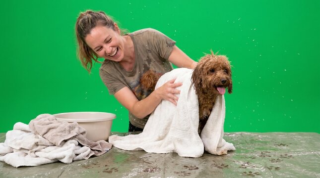 Smiling mature woman drying her wet fluffy goldendoodle pet dog with a clean white cotton towel on the floor after a hygienic grooming bath session against a professional green screen chroma key studi