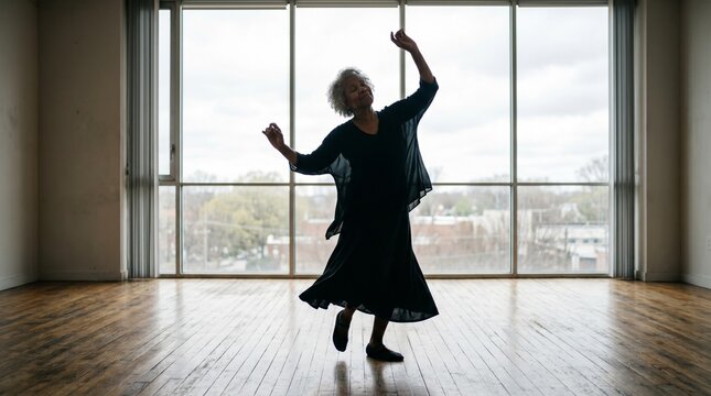 Joyful elderly Black woman dancing gracefully in a spacious studio