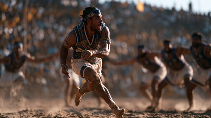 Obraz premium kabaddi raider mid-lunge across clay court holding breath, defenders bracing arms wide in defensive chain, packed village stadium crowd roaring, late afternoon September dust