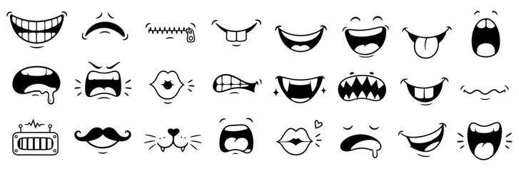 Cartoon mouth expressions vector illustration set, black and white comic lips smile teeth shout and vampire fangs elements for character design, mouth, lips, smile, teeth, tongue, laugh © Pushpa