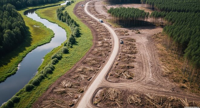 Aerial view of a managed forest harvesting site showing felled timber and a winding road with trucks