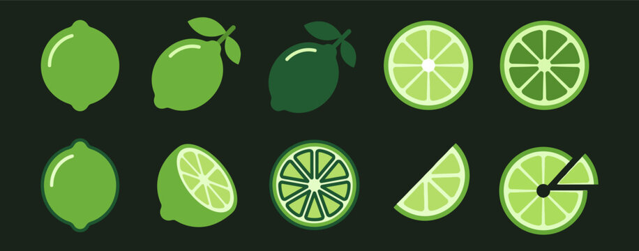 Vector Illustrations of Fresh Green Lemon or Lime Whole, Half, Sliced and in Wedges on Black Background, Colorful Citrus Fruits Flat Design and Cartoon Illustrations