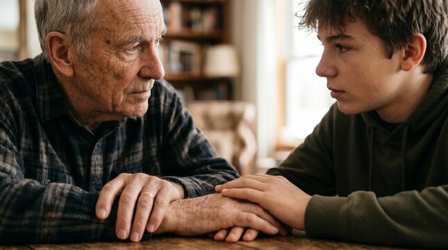 Emotional moment between a grandfather and grandson sharing a deep conversation