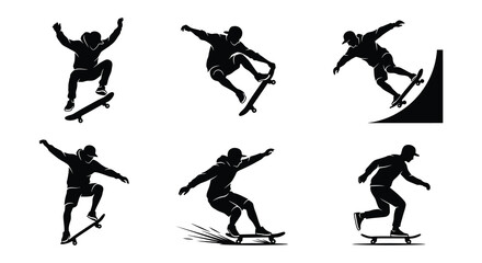 Skateboarder Silhouettes In Motion Black Vector Graphics On White Background © Begum