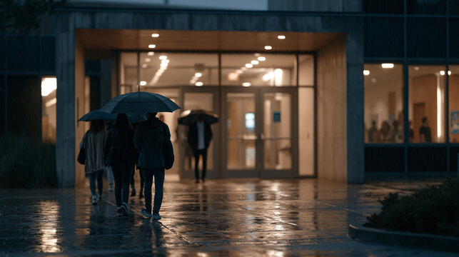 Rain-soaked street outside community college continuing education building, adult students arriving with umbrellas for evening classes, illuminated entrance reflecting in wet