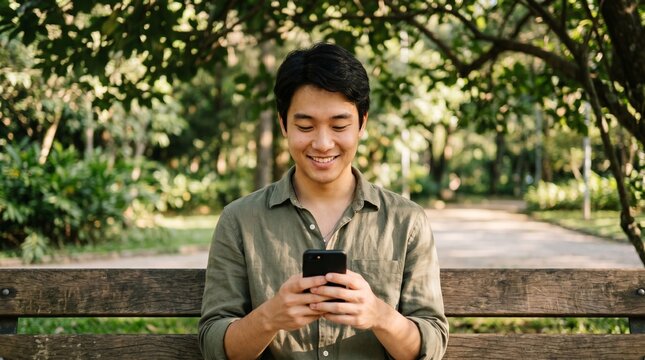 Young man smiling while using his smartphone on a park bench