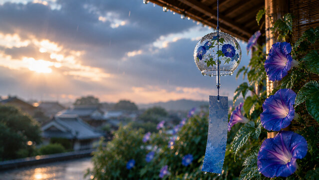 Japanese Wind Chime and Morning Glory After Summer Rain at Sunset