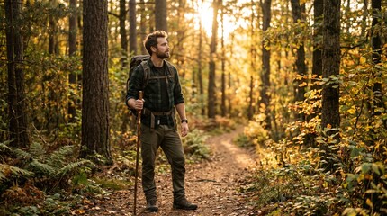 Fototapeta premium Man with backpack and walking stick hiking on a forest trail during golden hour