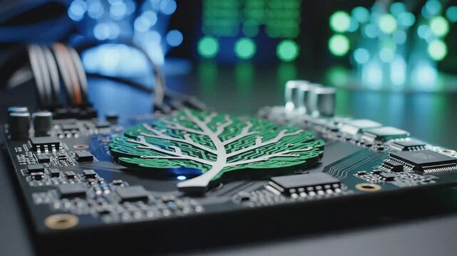 Green Electronic Tree Circuit Board Concept Representing Sustainable Technology and Modern Computing Innovations