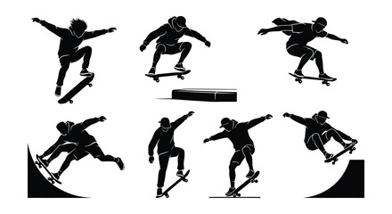 Skateboarder Silhouettes In Motion Black Vector Graphics On White Background © Begum