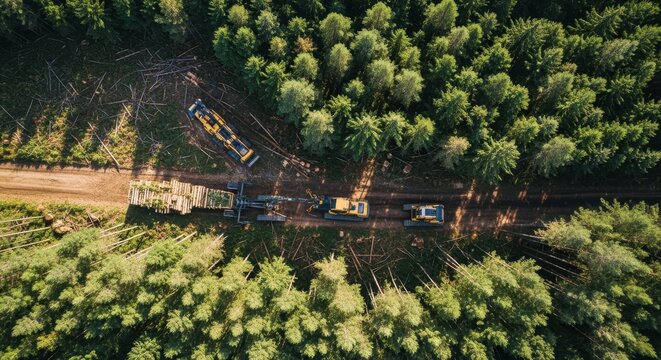 Aerial view of extensive forest harvesting operation utilizing heavy machinery for timber extraction