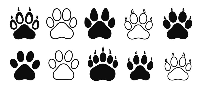Pet animal paw print silhouettes with sharp claws vector collection, wild bear or wolf footprint icons set isolated on white background, paw, print, footprint, pet, bear, wolf, dog, animal, wild