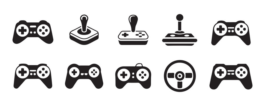 Detailed gaming controller and joystick icons for video game software and digital hardware UI elements.