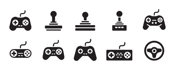Gaming controller collection icons including gamepads joysticks and racing steering wheel vector graphics. © MSTGIRATUN
