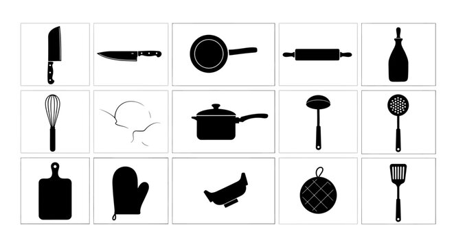 Kitchen utensils and tools icons set for cooking