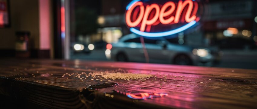Cozy urban cafe interior with scattered sugar on wooden table and vibrant neon open sign illuminating nighttime street view in background
