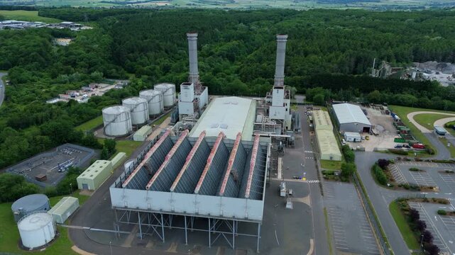 Close up aerial view of a massive air-cooled condenser ACC installation at a large-scale power station in Corby, Northamptonshire, UK.