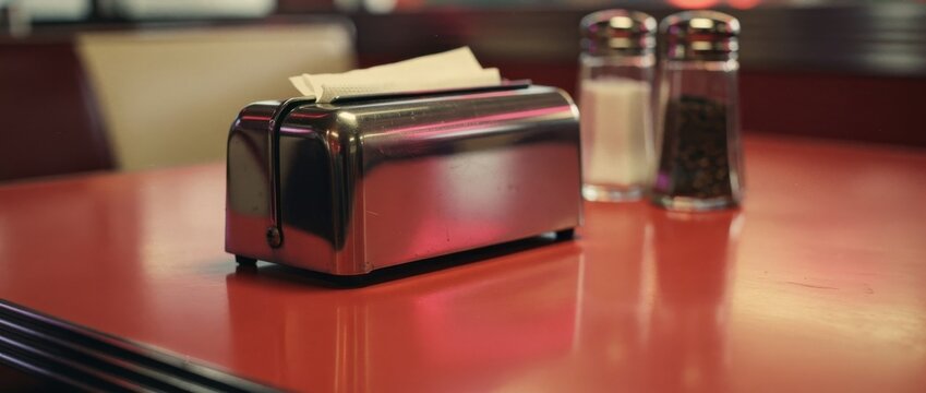 Vintage Silver Toaster on a Bright Red Table in a Dinette with Shakers and Napkins in a Classic American Diner Setting
