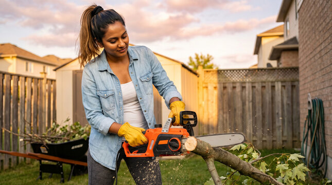Woman cutting tree branch with saw, concept of home property maintenance and yard work. South Asian woman in her 30s or 40s, outdoor garden and landscaping.