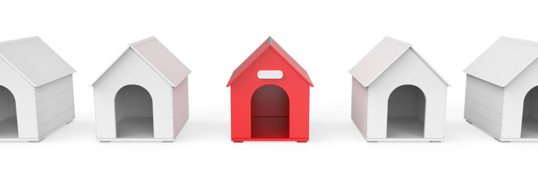 Red doghouse standing out among white doghouses