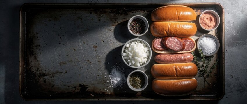 Beautifully Arranged Hot Dog Ingredients on Baking Tray with Fresh Toppings and Seasonings in Dim Lighting for Culinary Photography