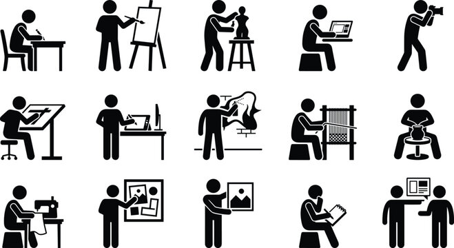Set of fifteen black and white icons showing different creative and office activities