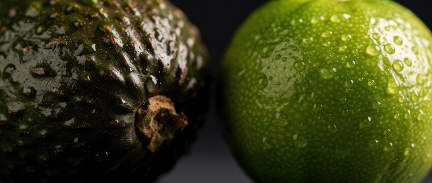 Fresh and Healthy Avocado and Lime with Water Droplets on Dark Background for Nutrition and Culinary Imagery