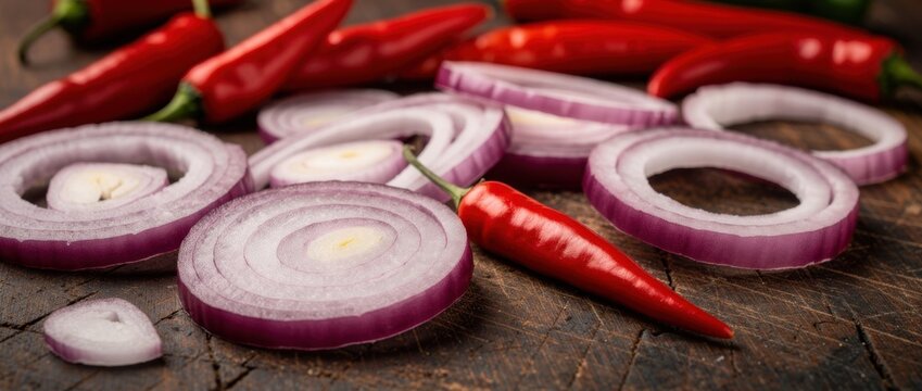 Fresh Red Onions and Red Chili Peppers on Wooden Cutting Board with Natural Texture, Vibrant Colors, and Culinary Appeal for Cooking and Food Styling