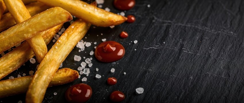 Crispy Golden French Fries with Ketchup and Sea Salt on Dark Slate Background, Perfect for Fast Food and Snack Photography Projects