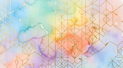 Fototapeta premium Geometric, watercolor background, gold lines, colorful texture, abstract design