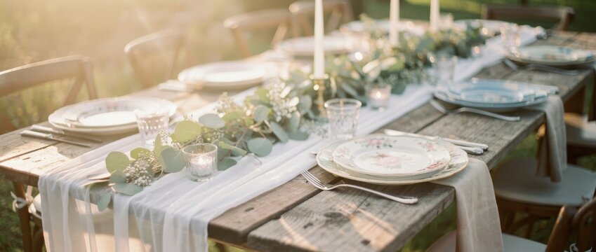 Elegant Outdoor Table Setting for a Romantic Wedding Celebration with Flowers Candles and Lush Greenery in Soft Golden Light