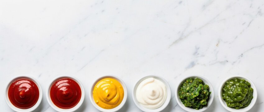 Colorful Variety of Condiments in Bowls Arranged Neatly on Marble Surface for Culinary Use and Food Presentation Inspiration in Cooking Scenarios