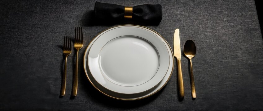 Elegant Table Setting with Gold Accents on Black Fabric, Featuring Round White Plate, Forks, Knife, Spoon, and Napkin in Stylish Presentation