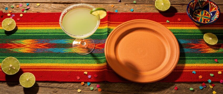 Vibrant Mexican Table Setting with Margarita Glass, Colorful Table Runner, Fresh Limes, and Artistic Dishware for Festive Dining Experience