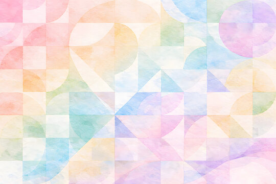 Abstract geometric patchwork watercolor texture background on rough paper with soft pastel rainbow patterns. generated by AI.