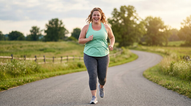 Woman running on countryside road, medium shot from the front of a plus-size woman running with joyful expression, concept of inclusive fitness and healthy lifestyle.