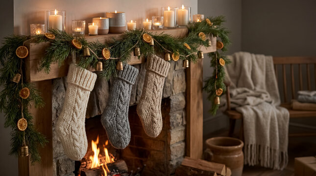 Christmas mantel fireplace garland stockings holiday cozy interior festive pine greenery stockings and soft firelight transform a living room into an inviting winter holiday retreat for decor