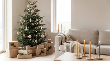Obraz premium Scandinavian Christmas interior tree gifts wool blanket minimal holiday home minimal decorated tree wrapped packages and soft textiles create calm Nordic seasonal style in a bright living room for