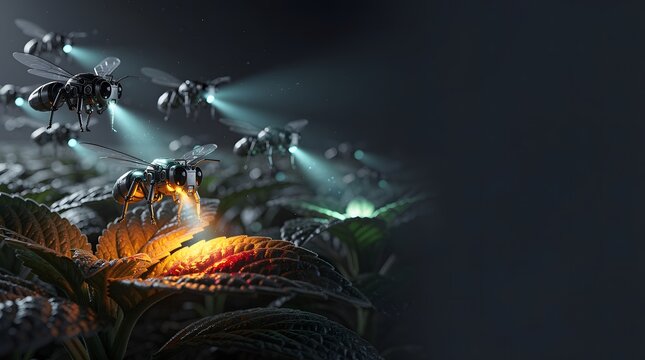 Robotic bees pollinate flowers in a dark field to simulate the future of agricultural food security.